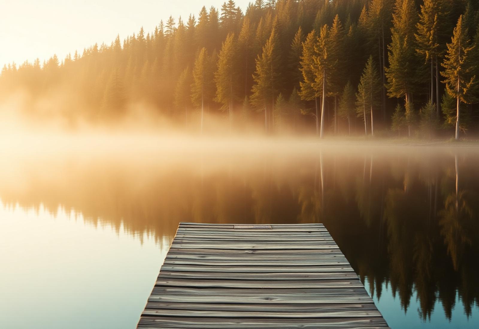 Misty morning lake and dock